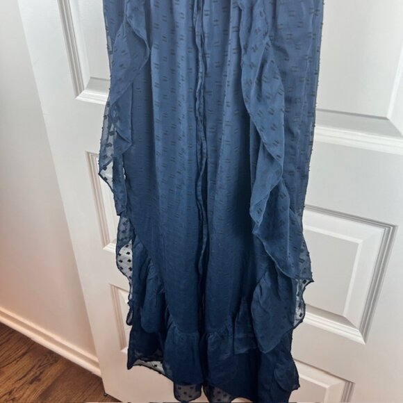 Walter Baker Navy Ruffle Jumpsuit XS Flutter Sleeve Swiss Dot Sheer Overlay - Picture 6 of 12
